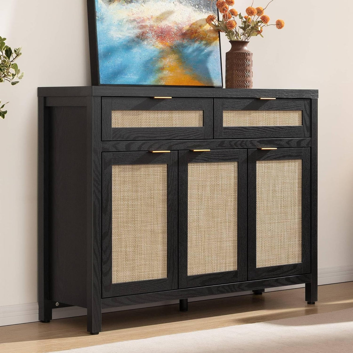 SICOTAS Rattan Sideboard Buffet Cabinet with Storage, Boho Credenza Accent Cabinet with 3 Doors and 2 Drawers, Farmhouse Console Coffee Bar for Kitchen, Living Room, and Entryway, Black Oak
