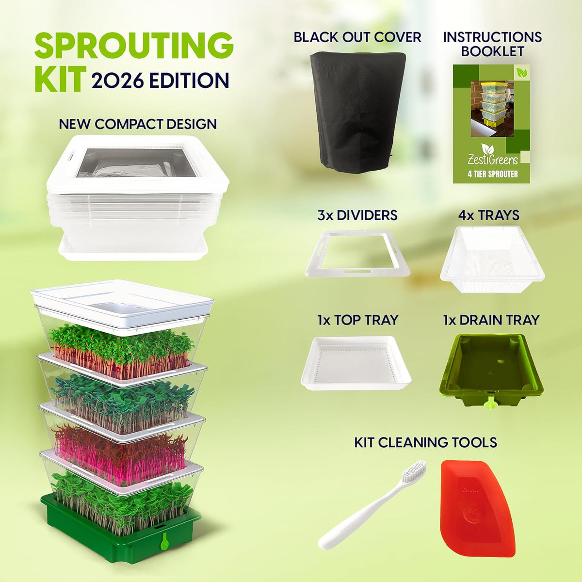 ZESTIGREENS 4-Tier Sprouting Kit with Drain Spout – Stackable Seed Sprouter Trays for Growing Fresh Sprouts at Home – BPA-Free, Easy Rinse & Drain System