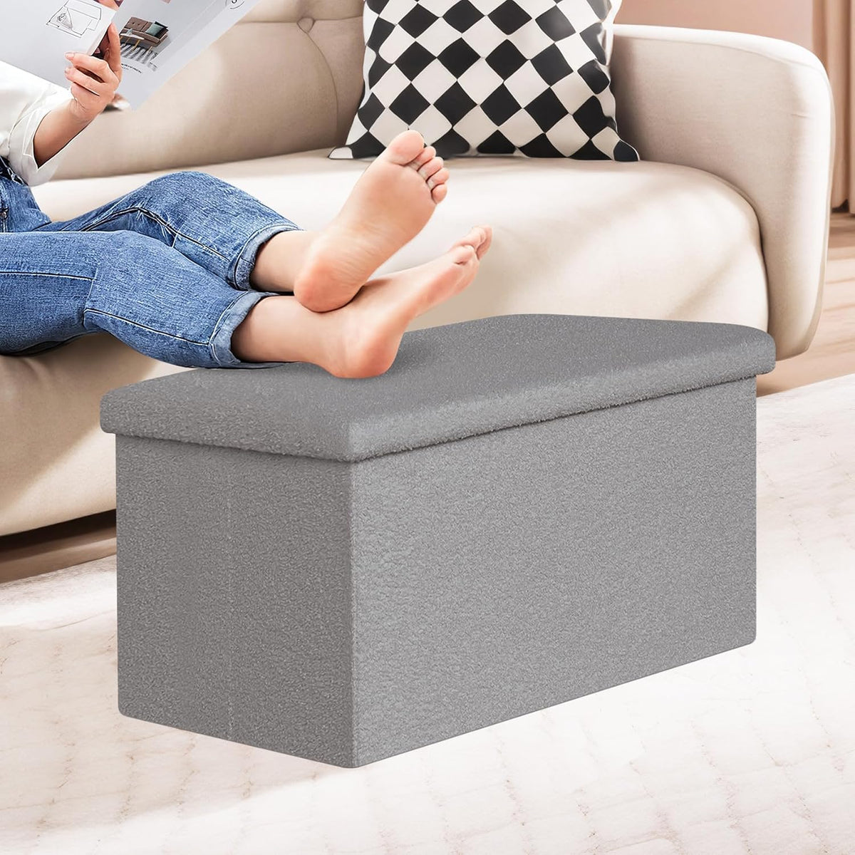 PINPLUS Folding Storage Ottoman Bench, Sherpa Ottoman with Storage, Large Long Shoes Bench Chest with Lid, Footrest for Living Room, Entryway, Grey 30'' x 15'' x 15''