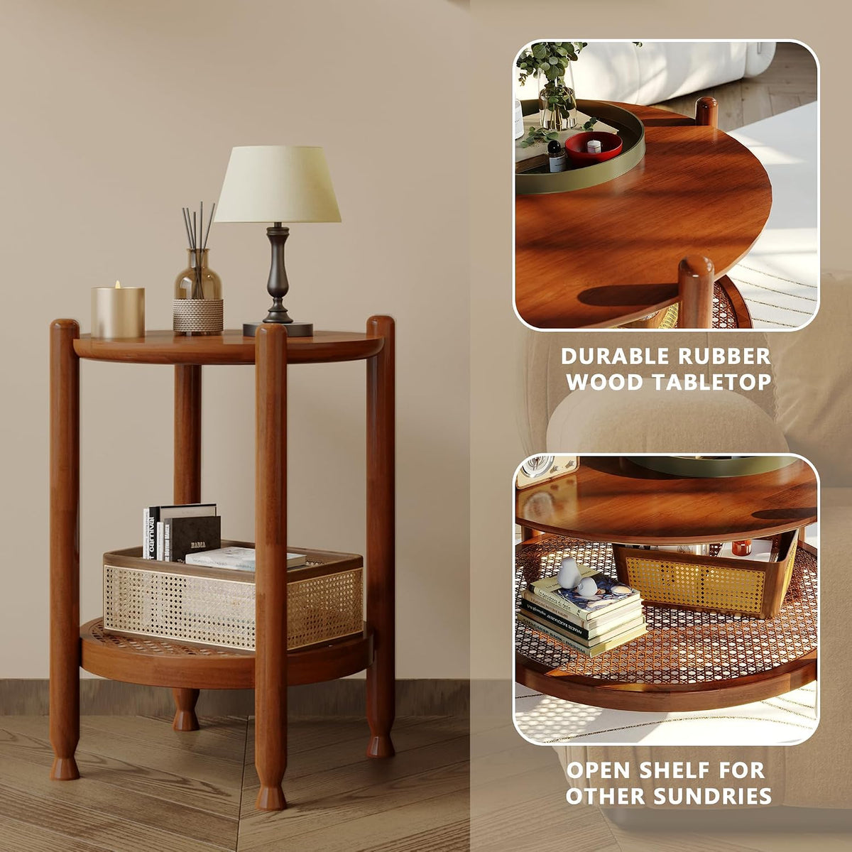 NSdirect Round End Table for Living Room, 2-Tier Rustic Wood Center Table for Home Decor with Boho Woven Rattan Storage Shelf | Modern Farmhouse Design, Easy Assembly, Red Brown