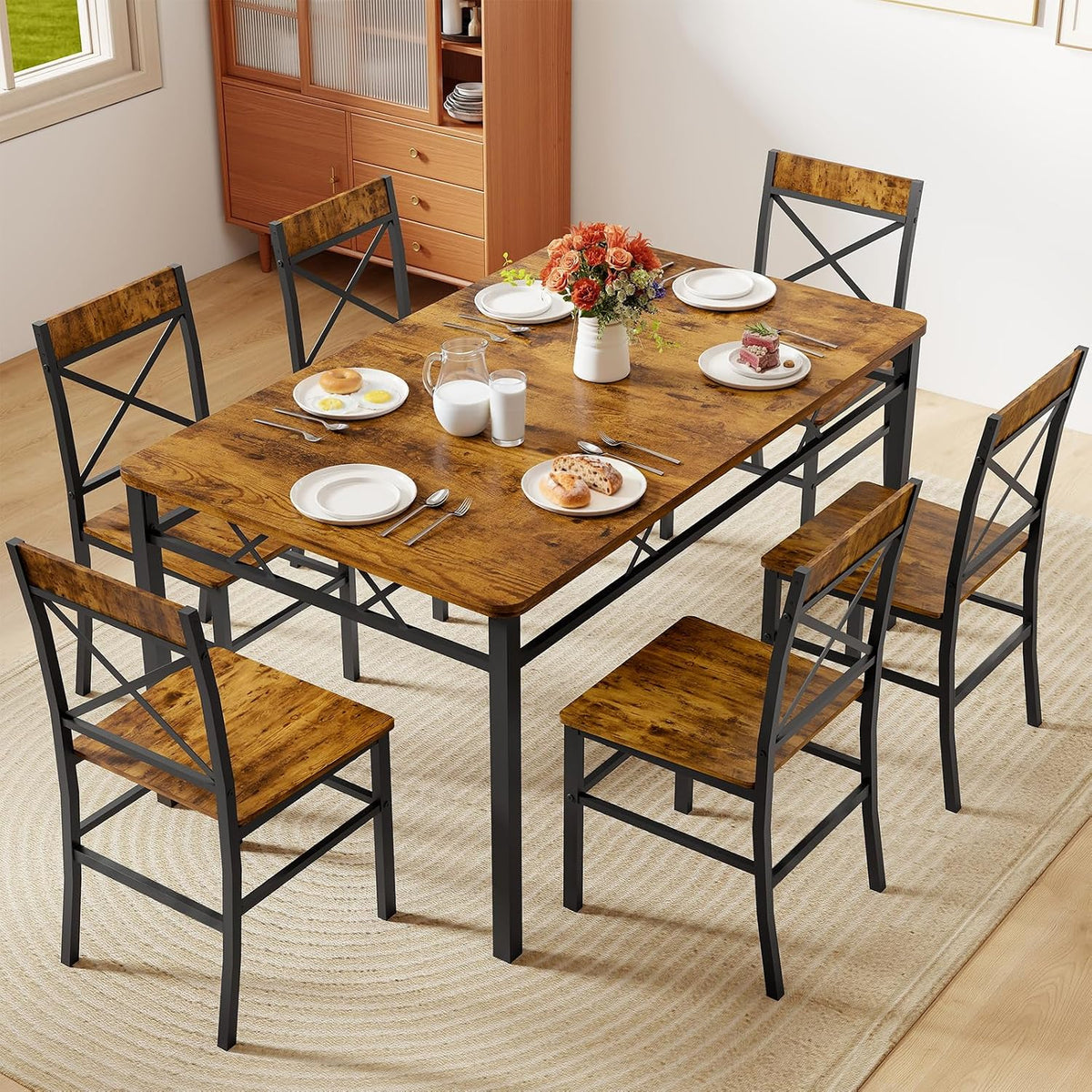 Zevemomo 7-Piece Dining Table Set, Kitchen Table Chairs Set of 6, Brown | Dining Room Sets for 6, Farmhouse Dining Table Set with 6 X-Shaped Curved Backrest Chairs, For Kitchen & Living Room