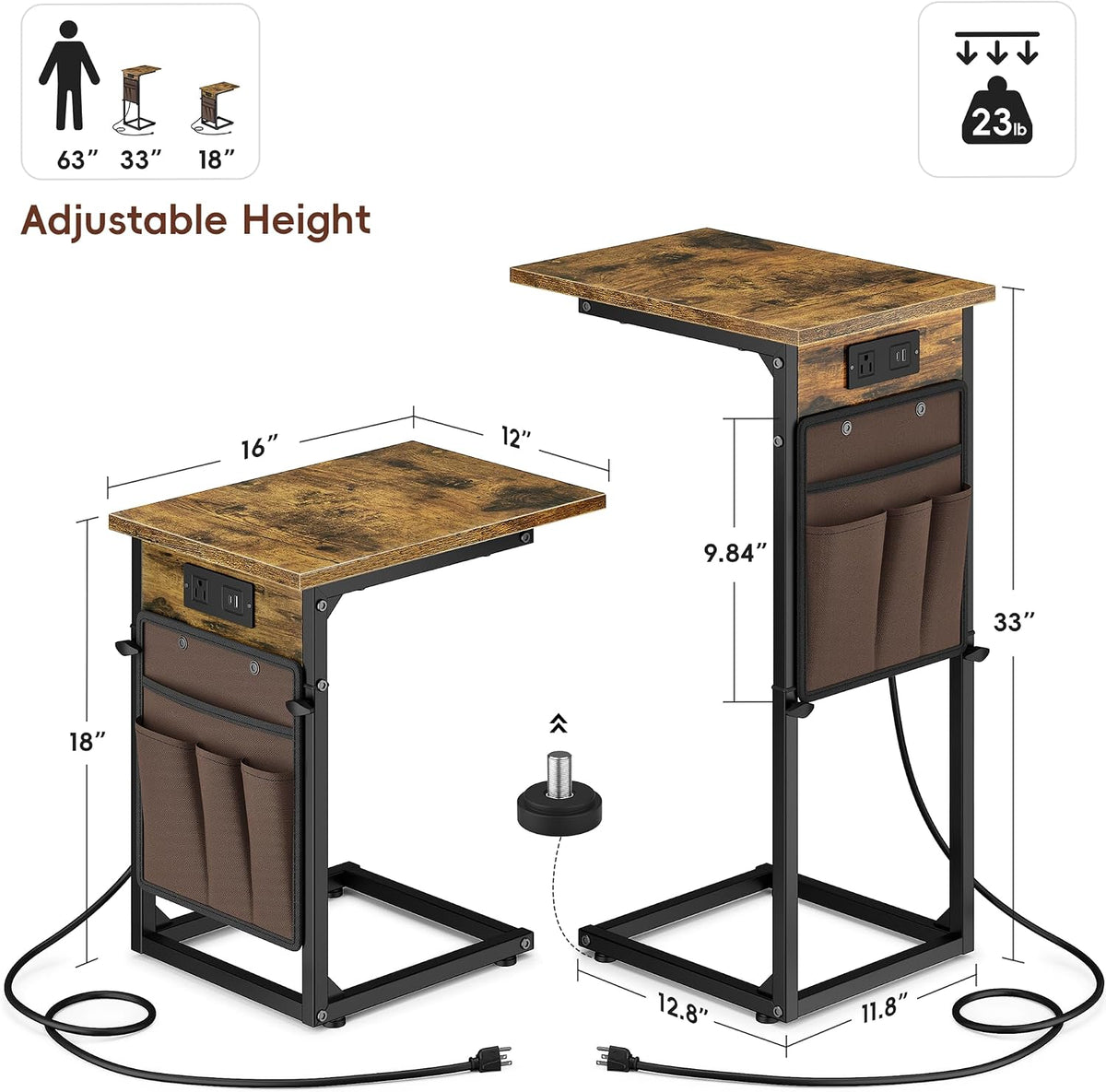 Vagusicc C Shaped End Table with Charging Station, Adjustable Height Side Table for Couch, Small Sofa Table with Storage Bag, Slide Under Sofa TV Tray Snack Arm Tables for Living Room, Bedroom, Brown