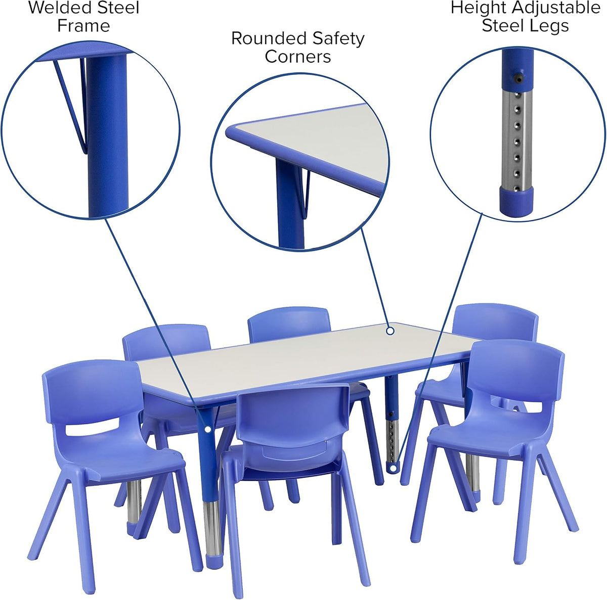 EMMA + OLIVER 23.625" W x 47.25" L Blue Plastic Activity Table Set-6 Chairs