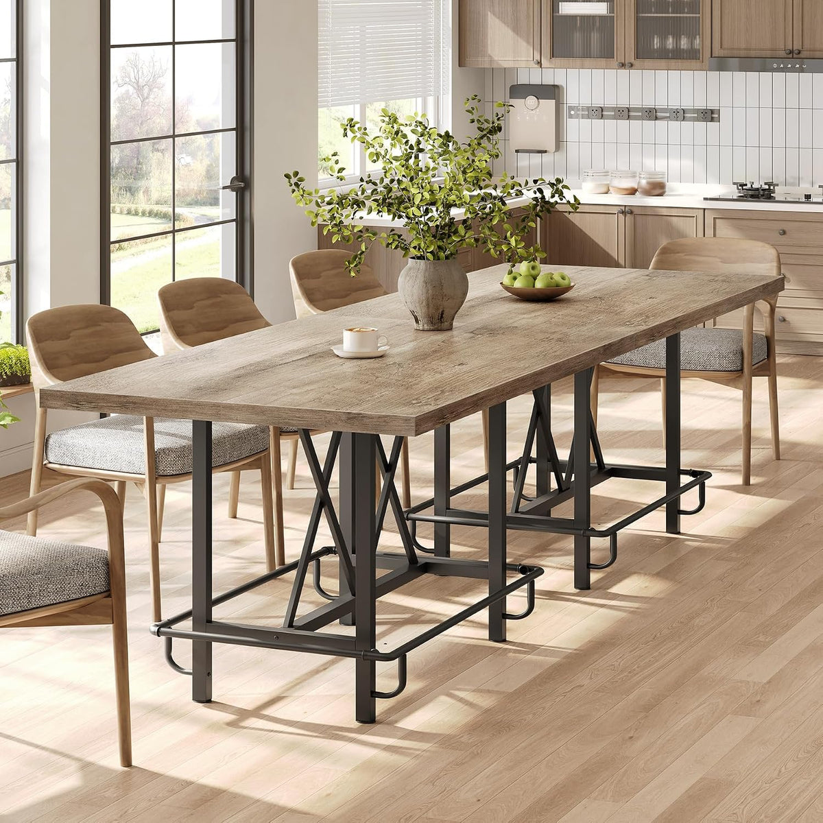 LITTLE TREE 63-Inch Industrial Bar Table with Metal Footrest, Counter Height Pub Table for Kitchen, Home Bar & Entertaining (Rustic Gray)