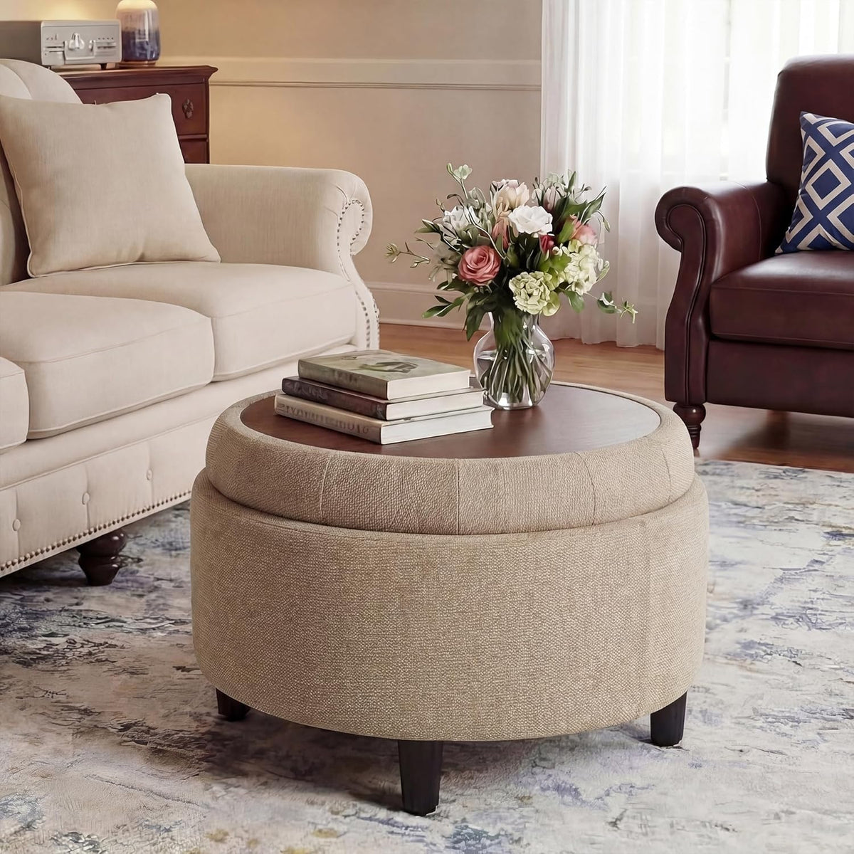 COLAMY Fabric Round Storage Ottoman with Reversible Tray Lid – Multi-Functional Footrest, Hidden Storage, Sturdy & Stylish Small Coffee Table for Living Room, Bedroom, or Entryway(Camel)