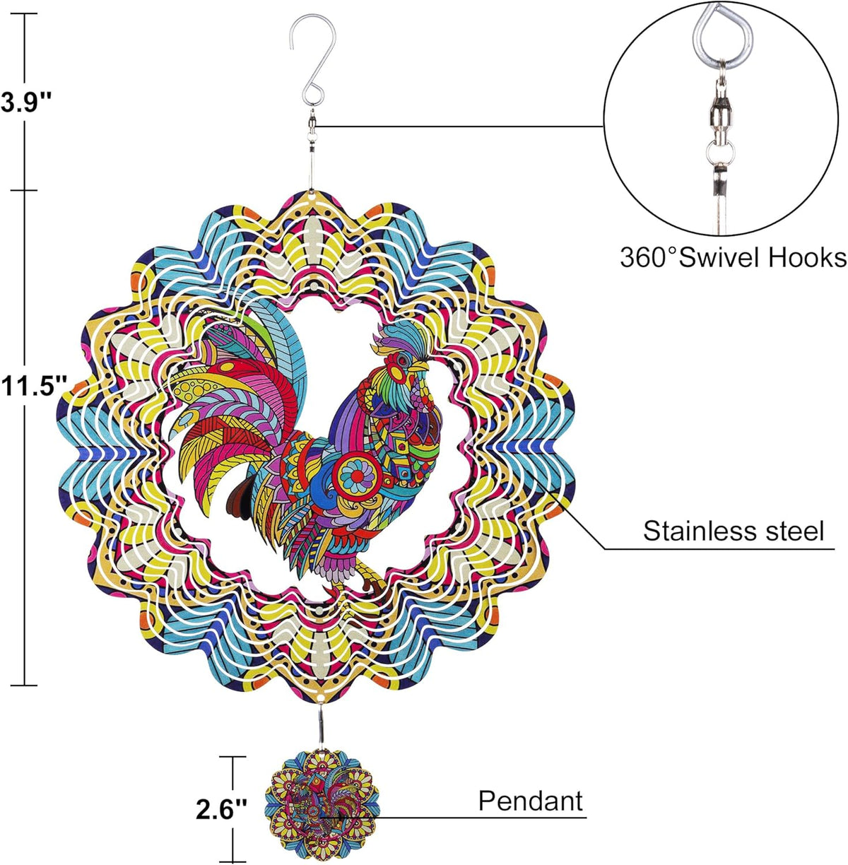 Wind Spinners Outdoor Hanging Rooster - Metal Chicken Gifts for Mom Women Grandma Men, 11.5 Inch 3D Stainless Steel Laser Cut Art Kinetic Wind Spinner for Indoor/Garden Porch Yard Decor