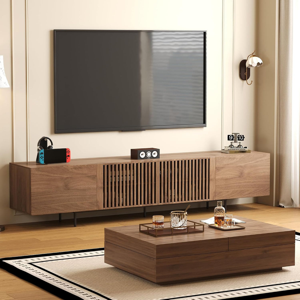 Mid-Century Modern TV Stand and Expandable Coffee Table Set | Walnut Finish, Stylish Storage Combo for Living Room or Bedroom