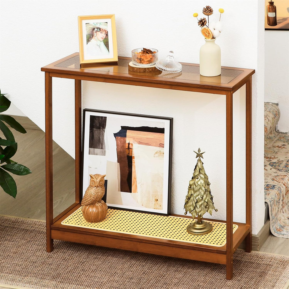Bamboo Narrow Console Table, 31.5"(L) Wood Small Entryway Table with Rattan and Glass, Accent Slim Hallway Tables, Thin Sofa Side Tables for Hallway, Living Room, Bedroom, Foyer, Walnut