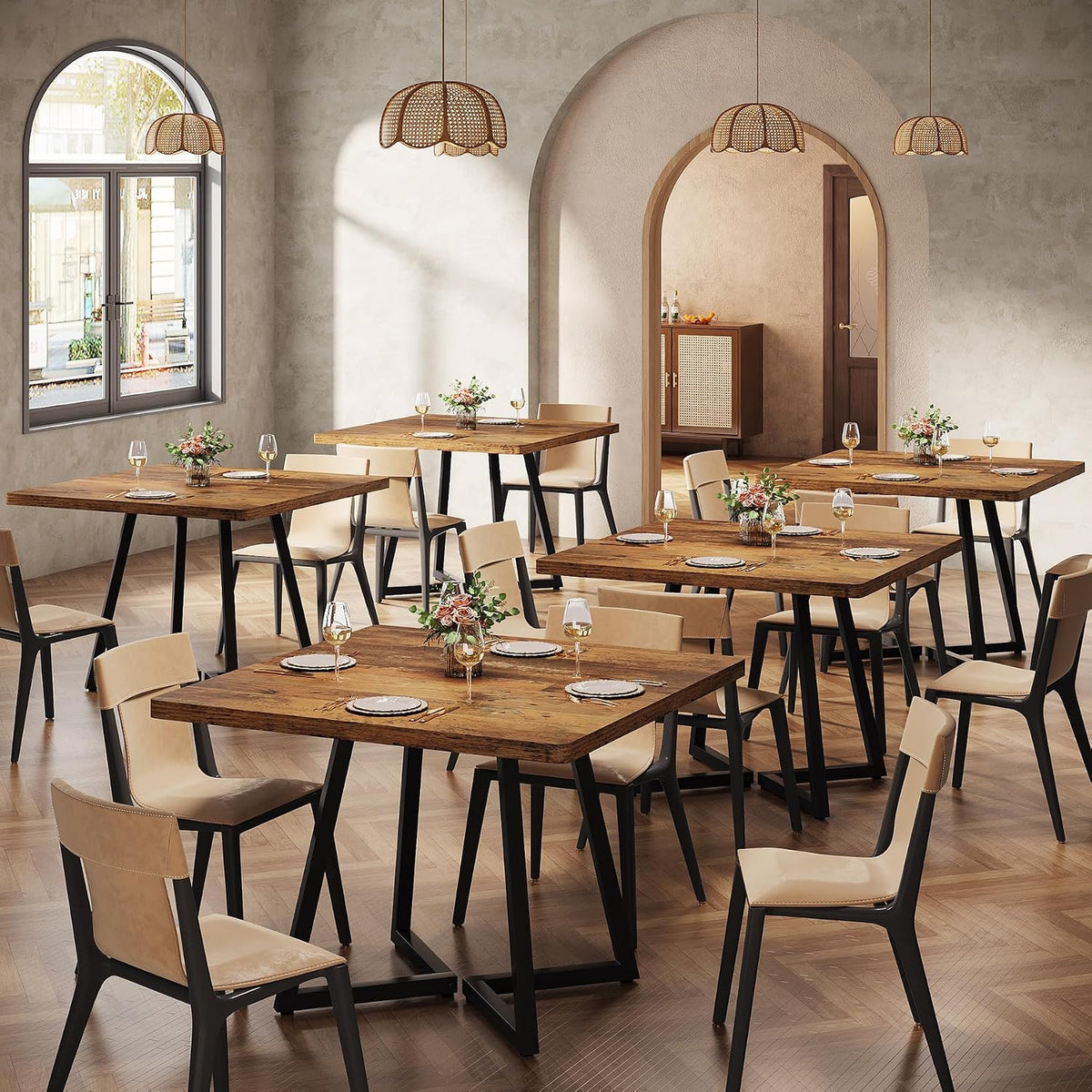 Tribesigns Square Commercial Dining Table Set of 6, 31.5" Dinner Table with Metal Base, Wooden Kitchen Table for Restaurant, Cafe, Bakery, School, Apartment, Dark Brown
