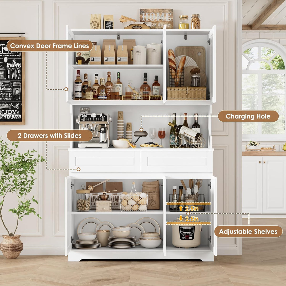 FACBOTALL 74" Pantry Cabinet, Tall Kitchen Pantry with 6 Doors & 2 Drawers | Kitchen Hutch with Wide Countertop, Modern Kitchens Cupboard with Adjustable Shelves and Charge Holes, White