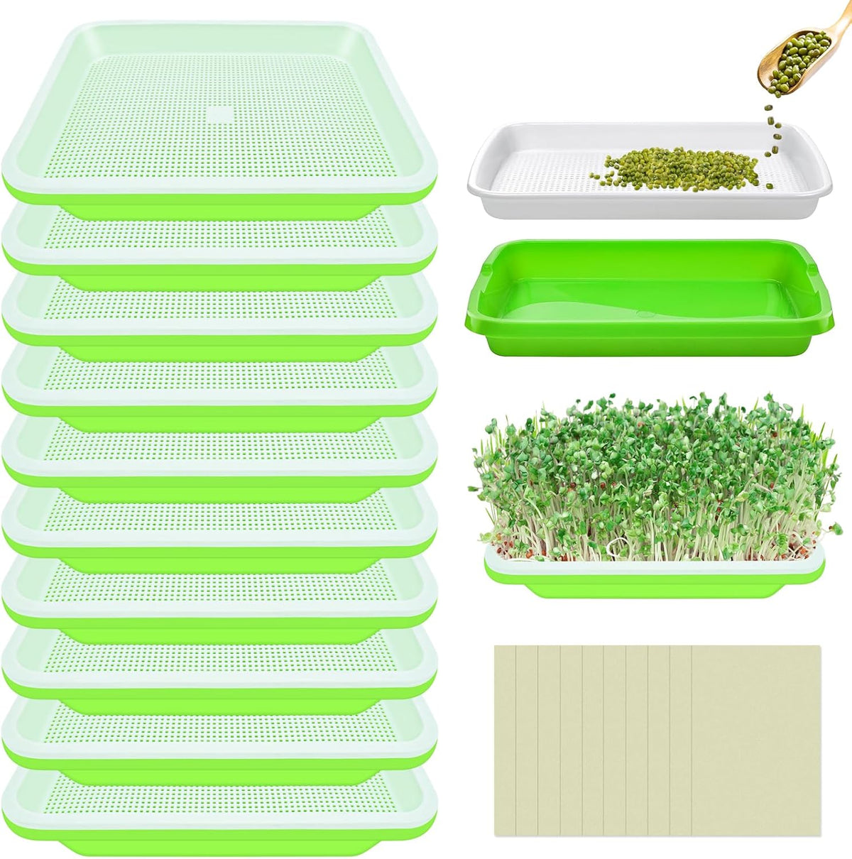 Legigo 10 Pack Green Seed Sprouter Trays- Soil-Free Cultivation Germination Tray, BPA Free Nursery Tray with Planting Paper for Indoors or Outdoors Sprouting Seeds, Grow Grass, Beans (Without Lids)
