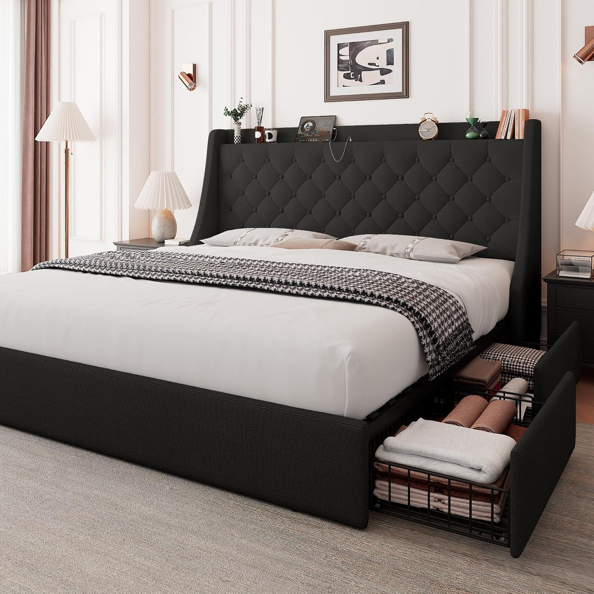Feonase Upholstered Queen Size Bed Frame with 4 Storage Drawers, Storage Bed with Charging Station, Large Wingback Headboard, No Box Spring Needed, Black