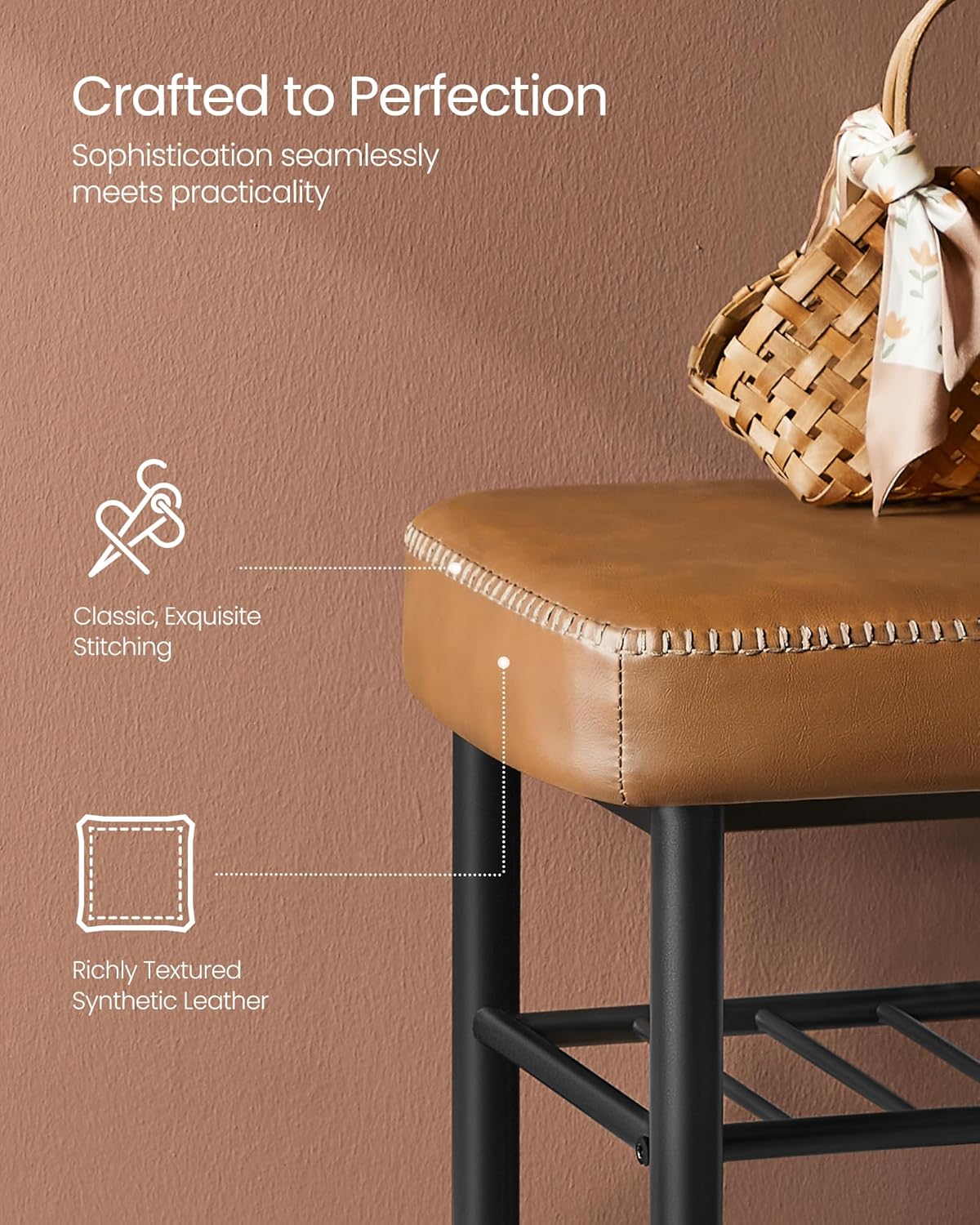 VASAGLE EKHO Collection - Shoe Rack Bench, Storage Bench for Entryway, Synthetic Leather with Stitching, Mid-Century Modern, Loads 300 lb, 11.8 x 31.5 x 19.7 Inches, Caramel Brown ULSB054K01