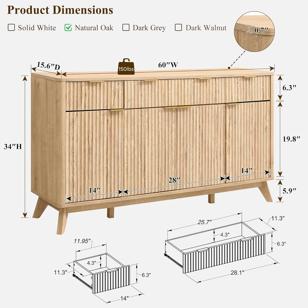 T4TREAM Large Buffet Sideboard Cabinet with Storages, 60" Fluted Modern Buffet Table Coffee Bar Wine Bar Storage Cabinet with 3 Drawers & 4 Doors for Dining Room, Living Room, Hallway(Natural Oak)