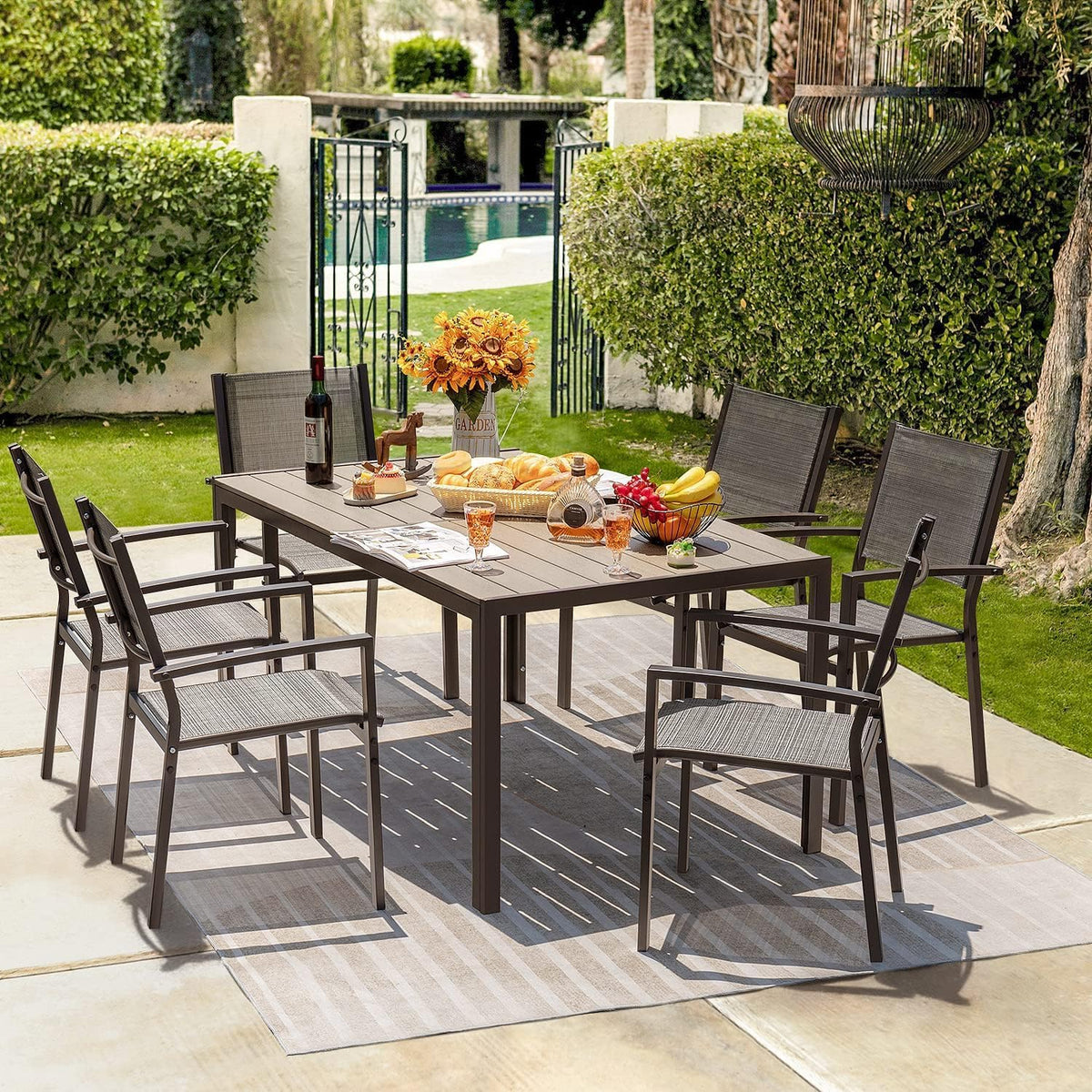 Homall Patio Dining Set 7 Pieces Outdoor Furniture with Large Table and 6 Textilene Chairs for Porch, Poolside, Yard and Garden, Light Grey