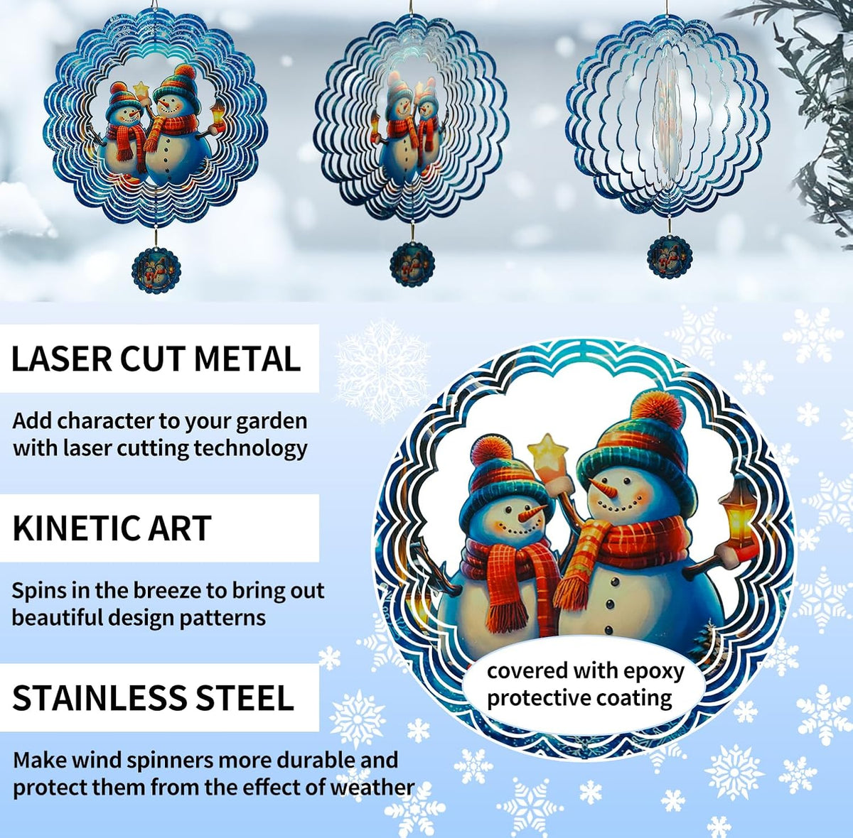 3D Snowman Wind Spinners for Yard and Garden Christmas Decor 12 Inch Outdoor Metal Stainless Steel Wind Spinner Unique Gift Xmas Wind Sculptures