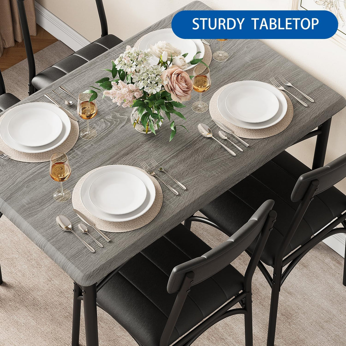 IDEALHOUSE Dining Table Set for 4, Kitchen Table and Chairs for 4 with Upholstered Chairs, 5 Piece Rectangular Kitchen Table Set, Dining Room Table Set for Small Space, Apartment, Retro Gray