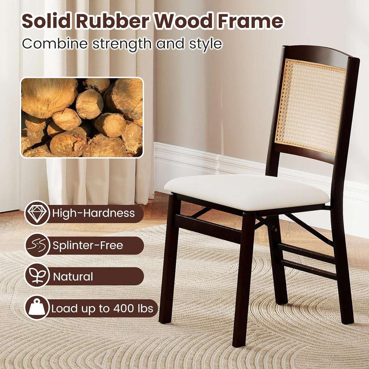 KOTEK Folding Dining Chairs Set of 4, Wooden Kitchen Chairs with Padded Seat & Rattan Backrest, Foldable Armless Side Chairs for Dining Room, Living Room (Espresso & Beige)