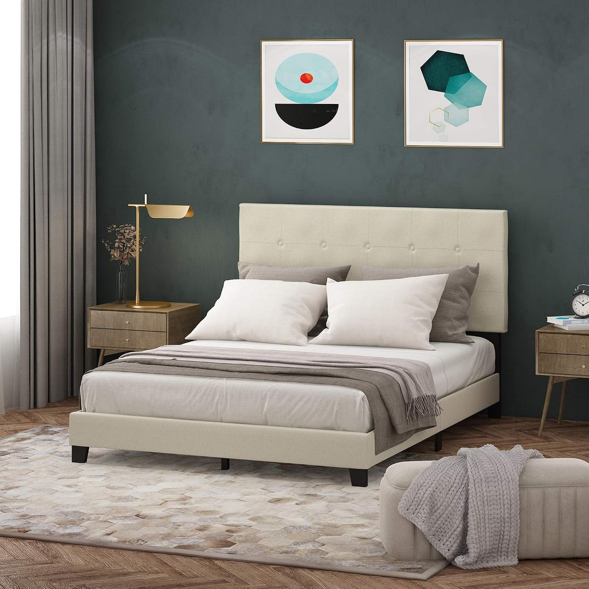 Furinno Laval Button Tufted Upholstered Platform Bed Frame, Queen, Linen
