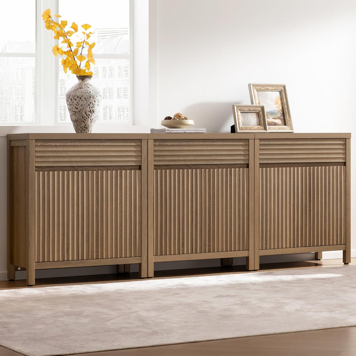 SICOTAS 87" Extra Large Buffet Cabinet with Storage, Modern Fluted Sideboard Cabinet with Drawers & Adjustable Shelves, Premium Credenza for Large Spaces, Reclaimed Caramel Oak, 3 PCS
