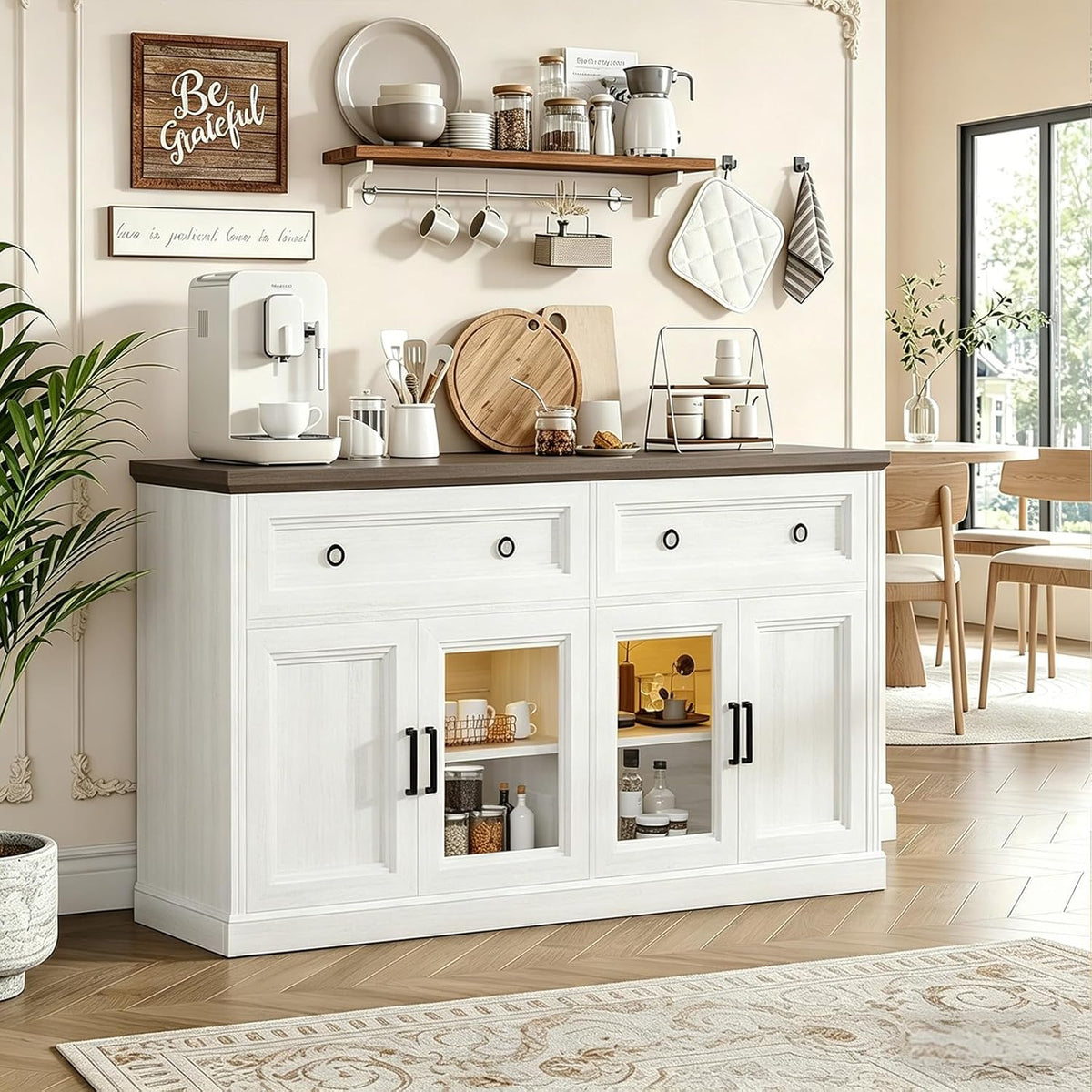 63'' Sideboard Buffet Cabinet with Storage, Modern Credenza with Outlets & LED Light, 2 Drawers, 4 Doors, Adjustable Shelves, Coffee Bar Cabinet for Kitchen Living Room, Antique White