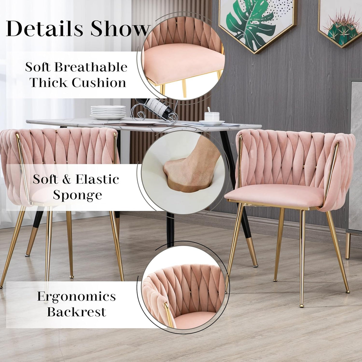 7 Piece Modern Gold Dining Room Set, 63'' Luxury Minimalist Kitchen Table Set, 6 Person Clear Glass Top Rectangle Dinner Set with Pink Woven Dining Chair for Home Large Living Room
