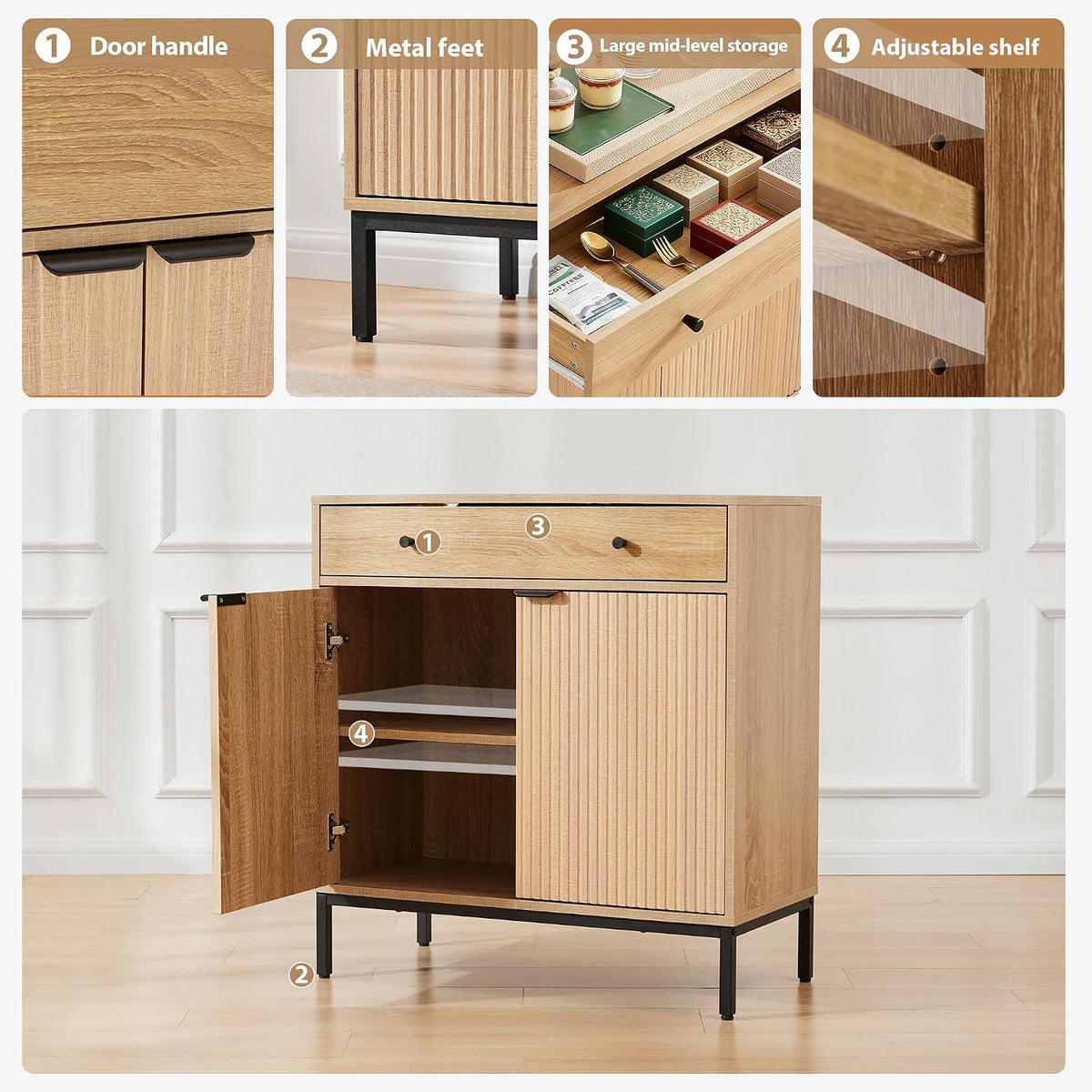 31 inch Sideboard Buffet Cabinet with Drawer, Modern Fluted Credenza with 2 Doors & Adjustable Shelf, Small Coffee Bar Storage for Kitchen, Entryway
