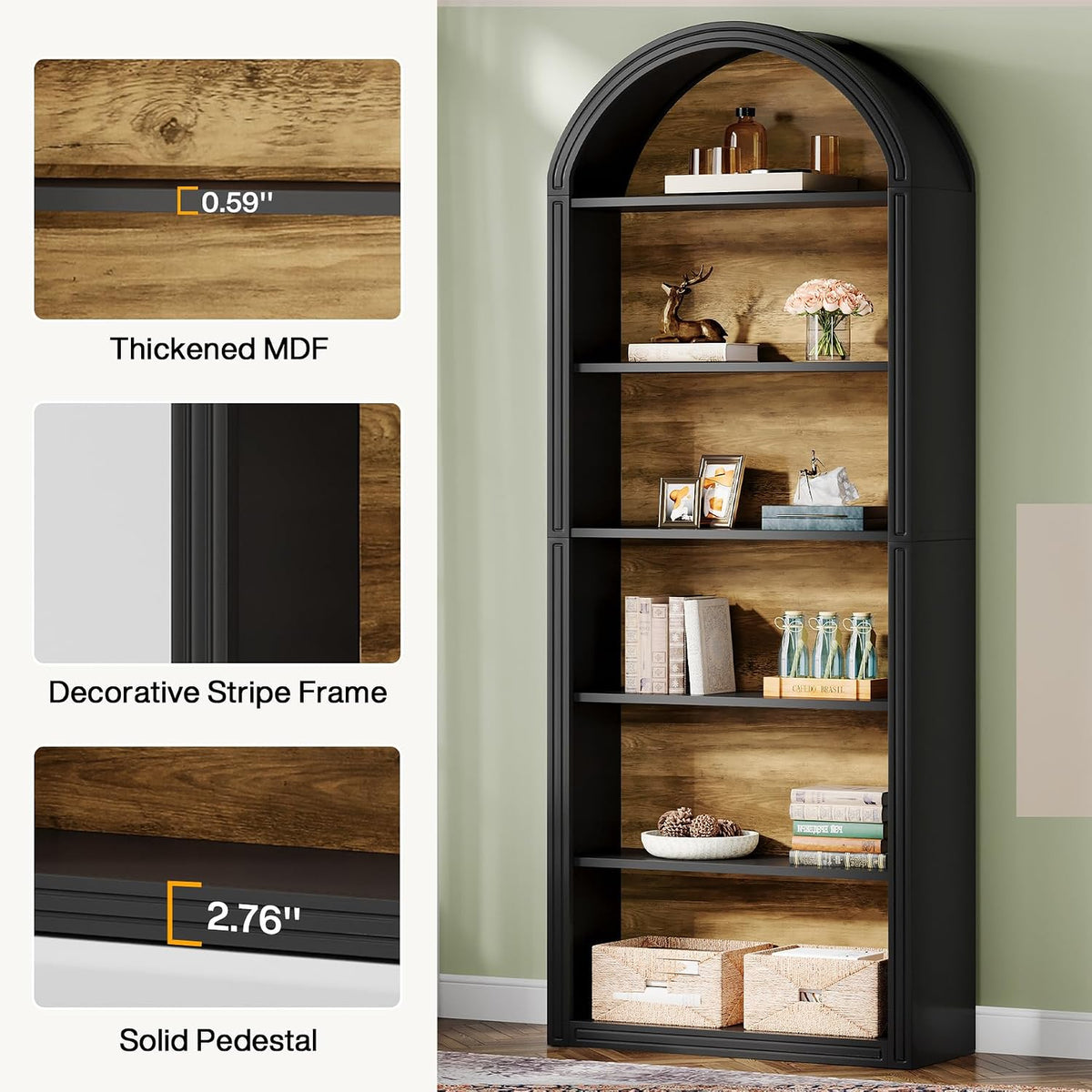 Tribesigns 6-Tier Black Arched Bookshelf, 77.16" Tall Arched Bookcase with Storage Shelves, Floor Standing Open Display Shelving Unit for Living Room, Bedroom, Home Office