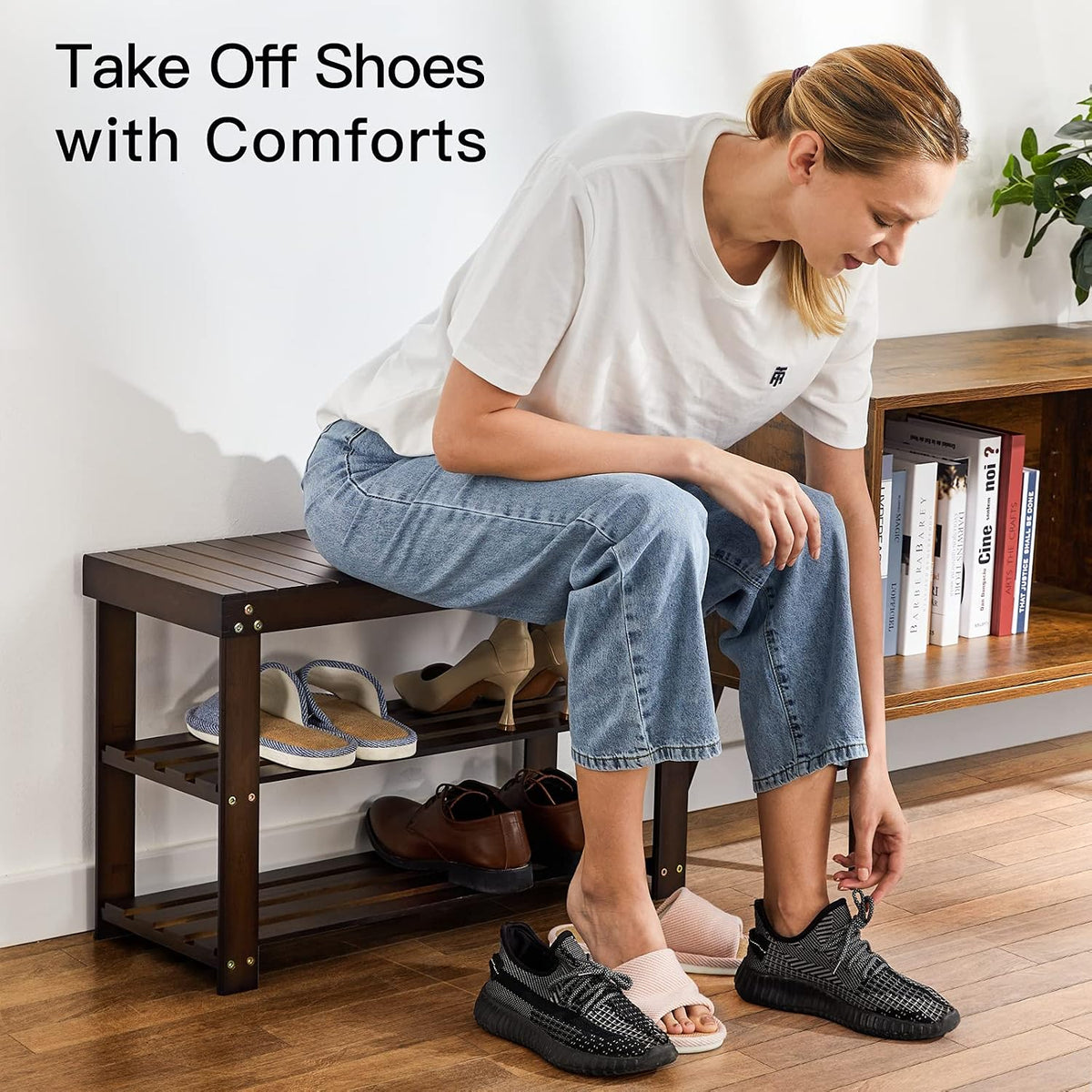 Pipishell Bamboo Shoe Rack Bench, 3 Tier Sturdy Shoe Bench, Storage Shoe Organizer, Holds up to 300lbs for Entryway Bedroom Living Room Balcony, Brown