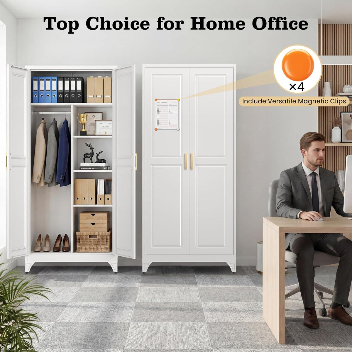 71" Metal Storage Cabinet with Hanging Rod, Tall White Wardrobe Closet with 3 Adjustable Shelves, Heavy Duty Steel Office Armoire, Modern Minimalist Design for Bedroom, Laundry Room