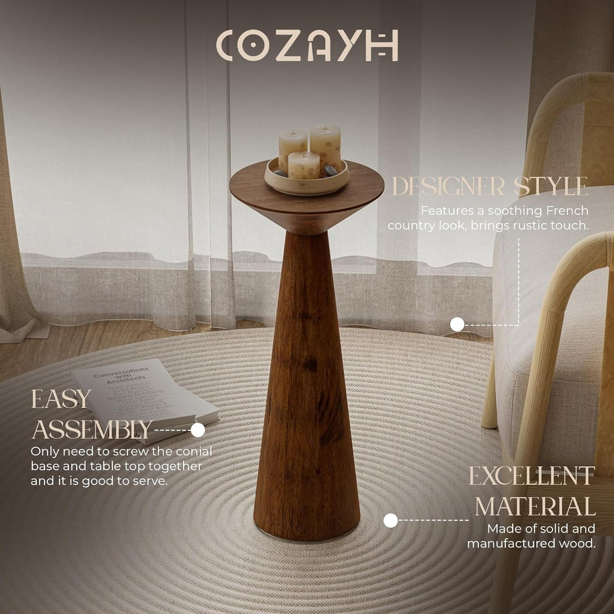 COZAYH Set of 2 22.8-Inch Tall Round Martini End Table, Walnut – Solid Pine Wood Pedestal Accent Drink Stand with Tapered Base – Farmhouse Modern Furniture for Living Room, Bedroom & Small Spaces