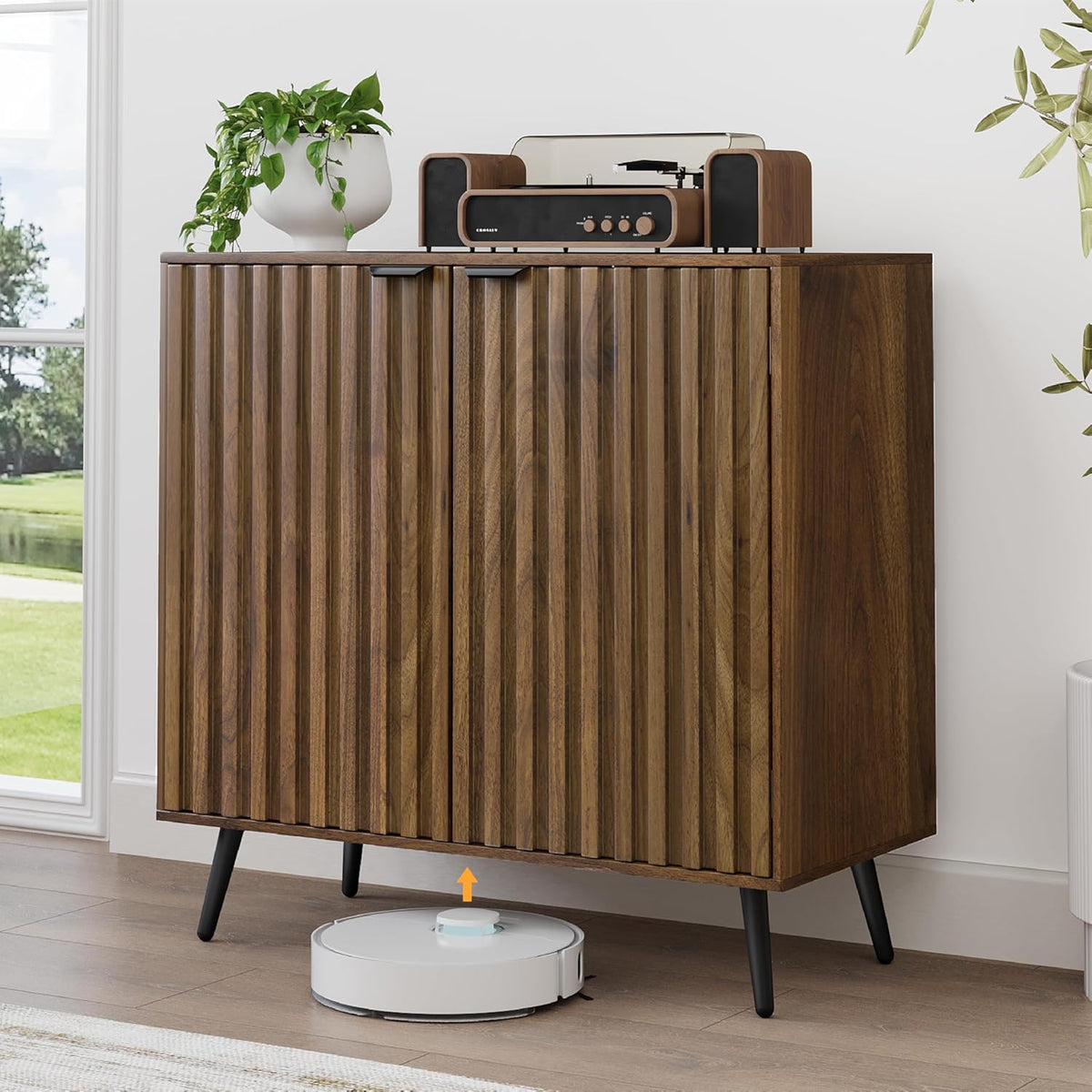 Smuxee Fluted Sideboard Cabinet, Freestanding Walnut Buffet Cabinet with Adjustable Shelf, Wood Storage Cabinet for Living Room, Entryway, Hallway