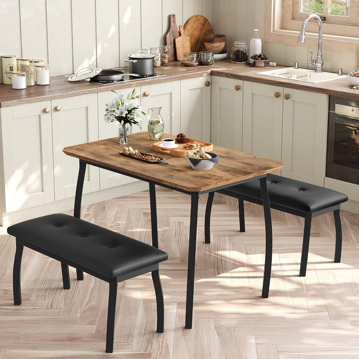 Dining Table Set for 4, 3-Piece Wooden Kitchen Table with 2 Upholstered Benches, Space-Saving Dinette Set for Restaurant, Studio, Dining Room, Home Kitchen(43''x28''x30''), Retro