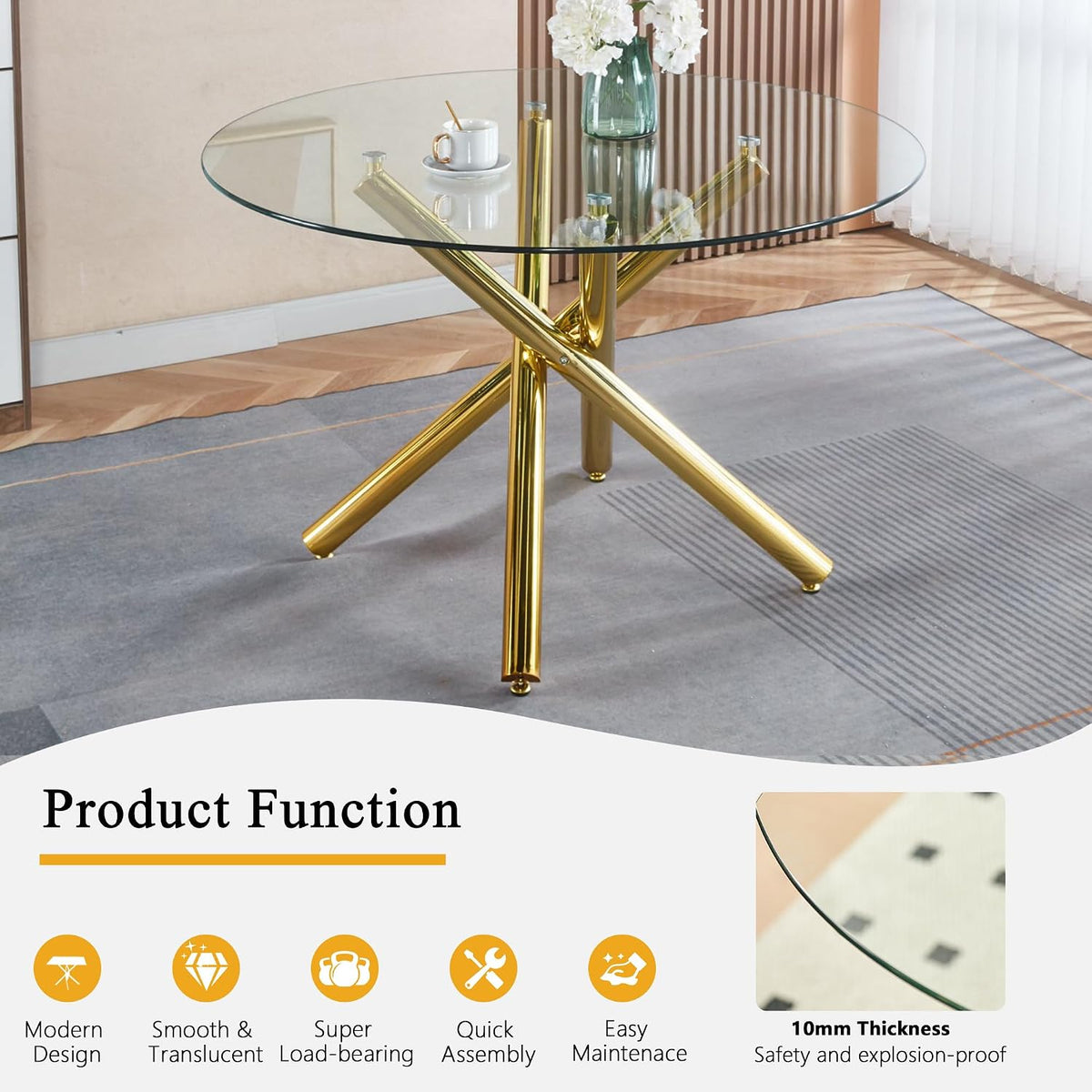 Round Glass Dining Table Set for 4, Small Kitchen Table Set for 4, 47" Circle Gold Glass Dinner Table for 4 with Beige Velvet Chairs, 5 Piece Dining Room Table Set for 4 for Breakfast Dinette Cafe