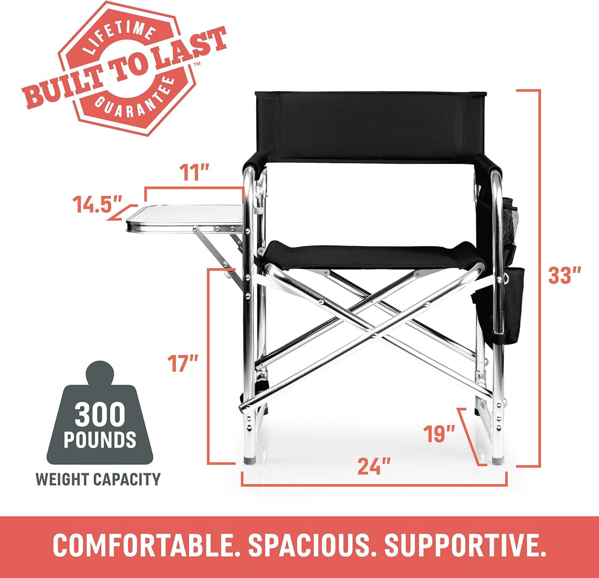 PICNIC TIME Sports Chair with Side Table and Armrest Caddy, Lightweight Aluminum Folding Outdoor Camping Chair for Adults, Portable Director Style Lawn Seating with Pockets & Carry Strap, (Black)