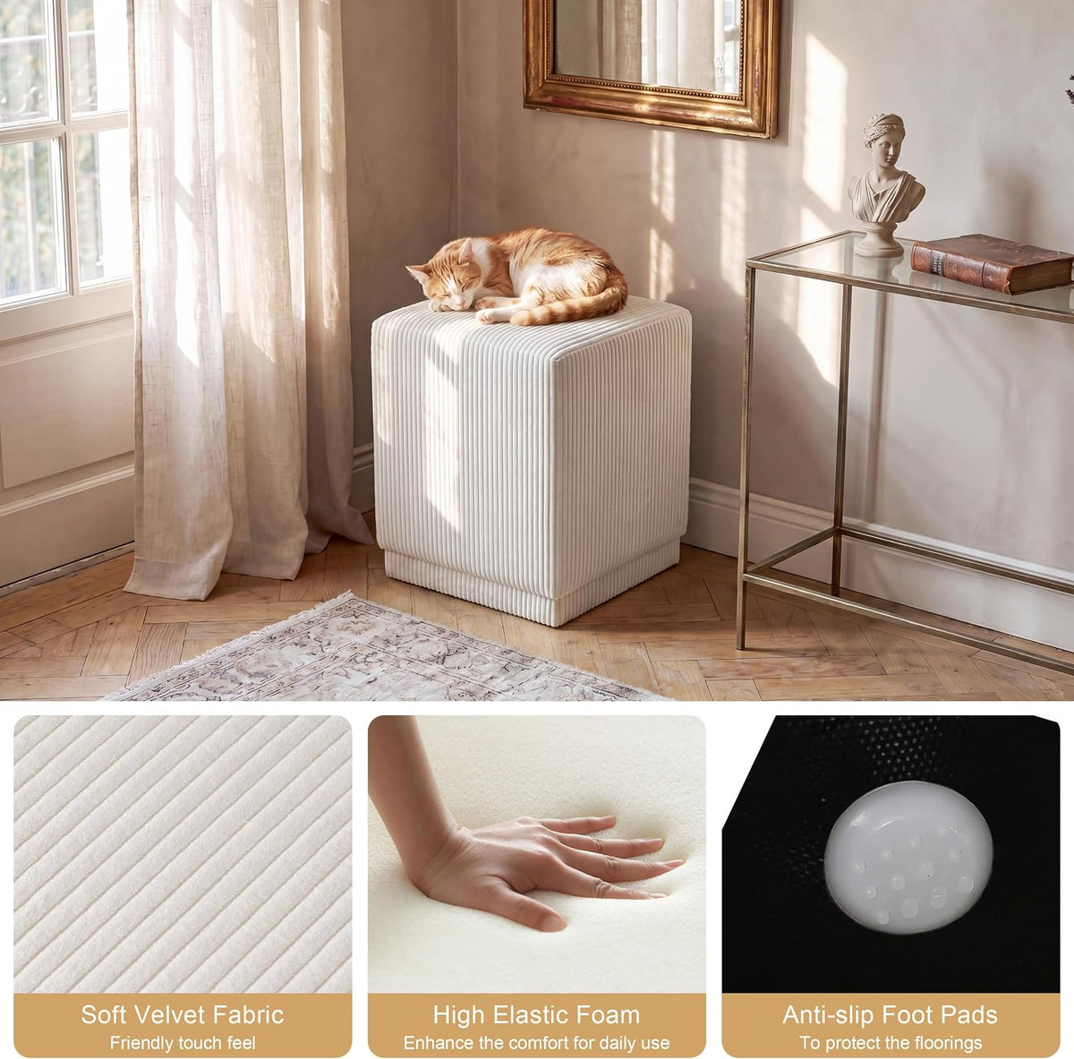 Homebeez Modern Square Ottoman, Vertical Channel Tufted Foot Stool Ottoman, Corduroy Velvet Upholstered Vanity Stool for Makeup, Bedroom, Living Room, Cream White