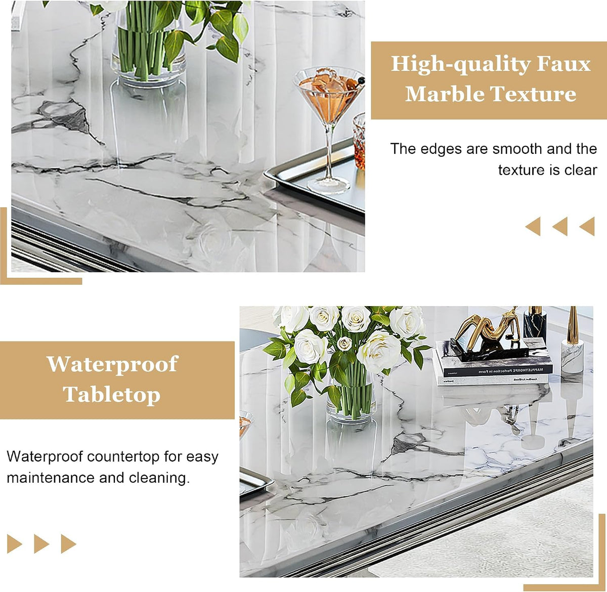 7 Piece Kitchen & Dining Room Set, Luxurious 70" White Large Marble Dining Table with Beige Velvet Cushion Chairs for Living Room, Kitchen (1 Silver-Base Table, 6 Chairs)