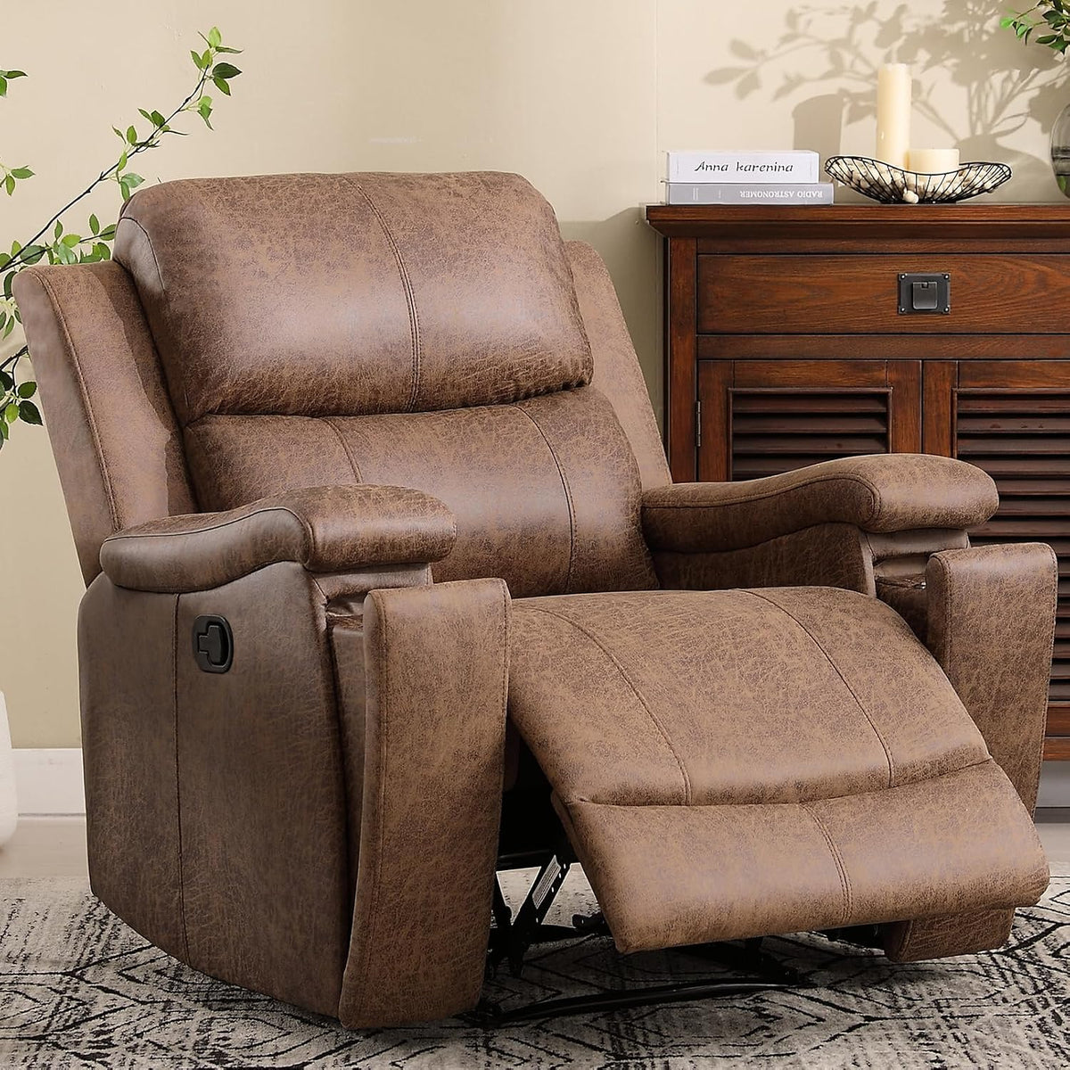 CANMOV Leather Recliner Chair, Classic and Traditional Manual Recliner Chair with Overstuffed Arms and Back, Manual Single Sofa with Concealed Cup Holders,Nut Brown