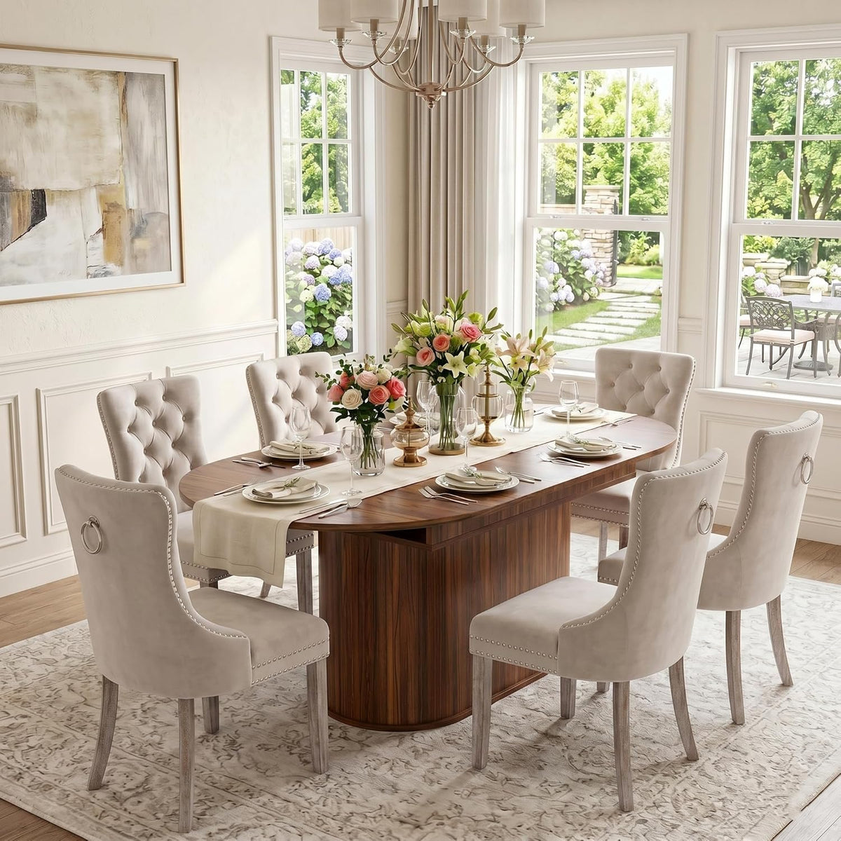 7-Piece Extendable Dining Room Set for 6, 55" - 71" Expandable Dining Table Set with 6 Tufted Upholstered Chairs, Mid-Century Modern Oval Dining Table Set for Home Holiday Gathering, Walnut
