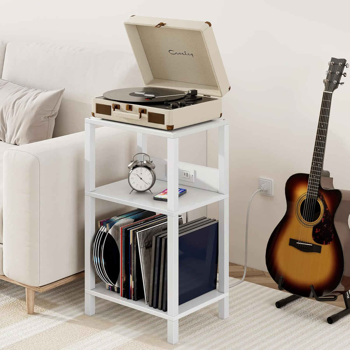 TUTOTAK Record Player Stand with Storage Up to 100 Albums | Record Storage Table, 3 Tier End Table with Charging Station, Side Table for Living Room, Bedroom, White TB01BW076