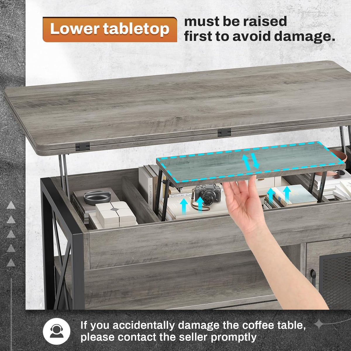 Itaar 40" Lift Top Coffee Table, 4 in 1 Coffee Tables with Storage Cabinet for Living Room, Small Farmhouse Coffee Table with 2 Fabric Drawers & LED Light for Dining Room, Grey