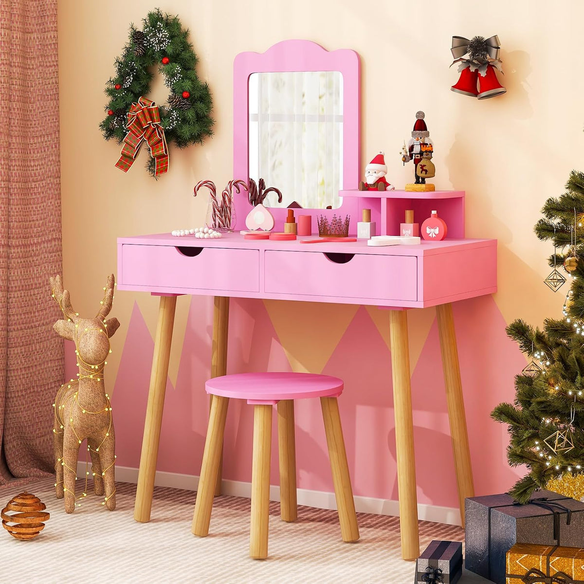 Costzon Kids Vanity Set, Girls Vanity Set with Mirror and Stool, 2 Large Drawers, Storage Shelf, Wooden Princess Makeup Dressing Table, Vanity Table and Chair Set for Toddlers (Pink)