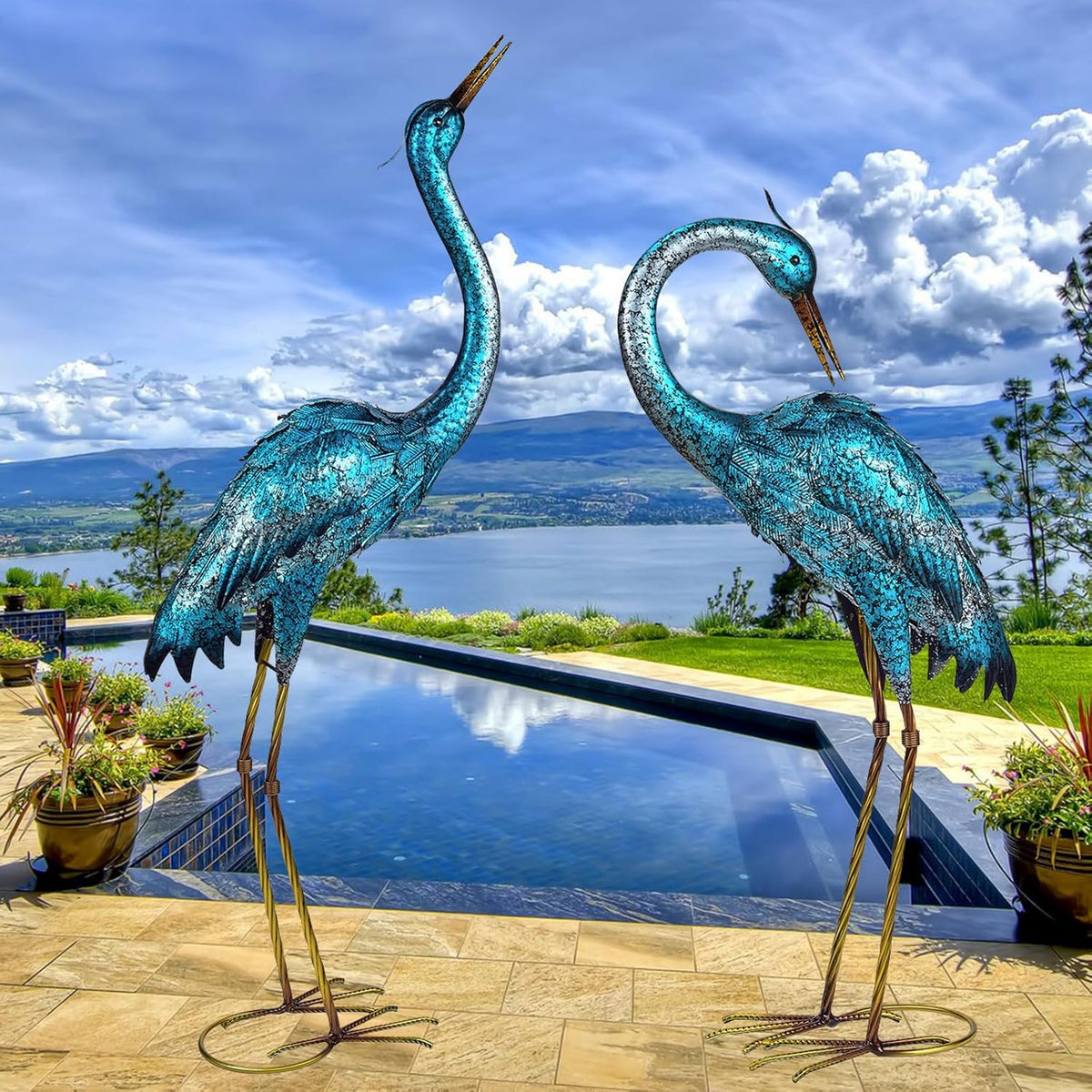 Kircust Garden Sculpture & Statues, Blue Heron Lawn Ornaments Standing Metal Crane Yard Art Large Size Bird Decoy for Outdoor Lawn Backyard Porch Patio Decoration, Set of 2