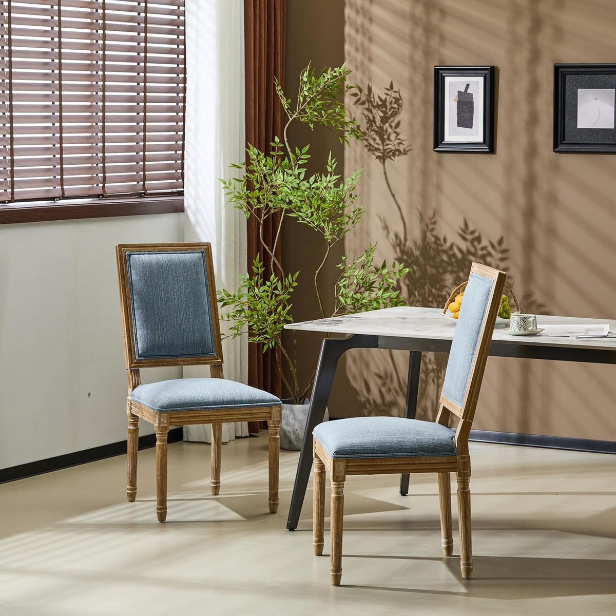 Christopher Knight Home Regina French Country Dining Chairs Set of 2, Wooden Dining Room Chair, High Back Kitchen Side Chair, Fabric Upholstered Armless Extra Seat, Slate Blue