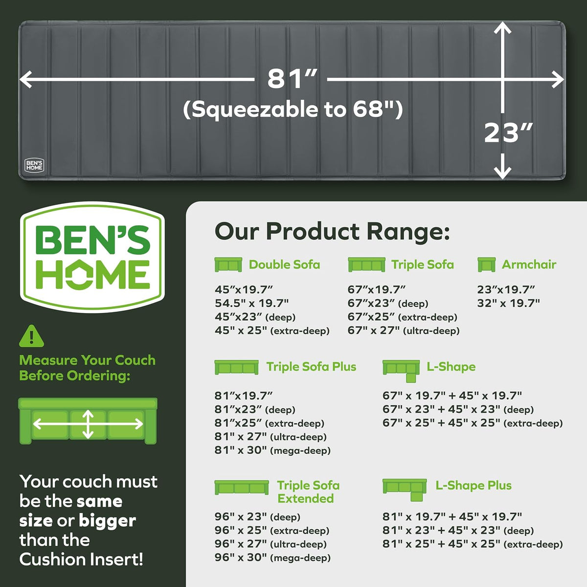 BEN'SHOME® Couch Cushion Support, Fix Sagging Long Sofas | 68-81" x 23" | Thick 0.5״ Solid Wood Boards Under Cushions with Anti-Slip Fabric to Repair Sagging Sofa Springs, Worn Couches Replacement