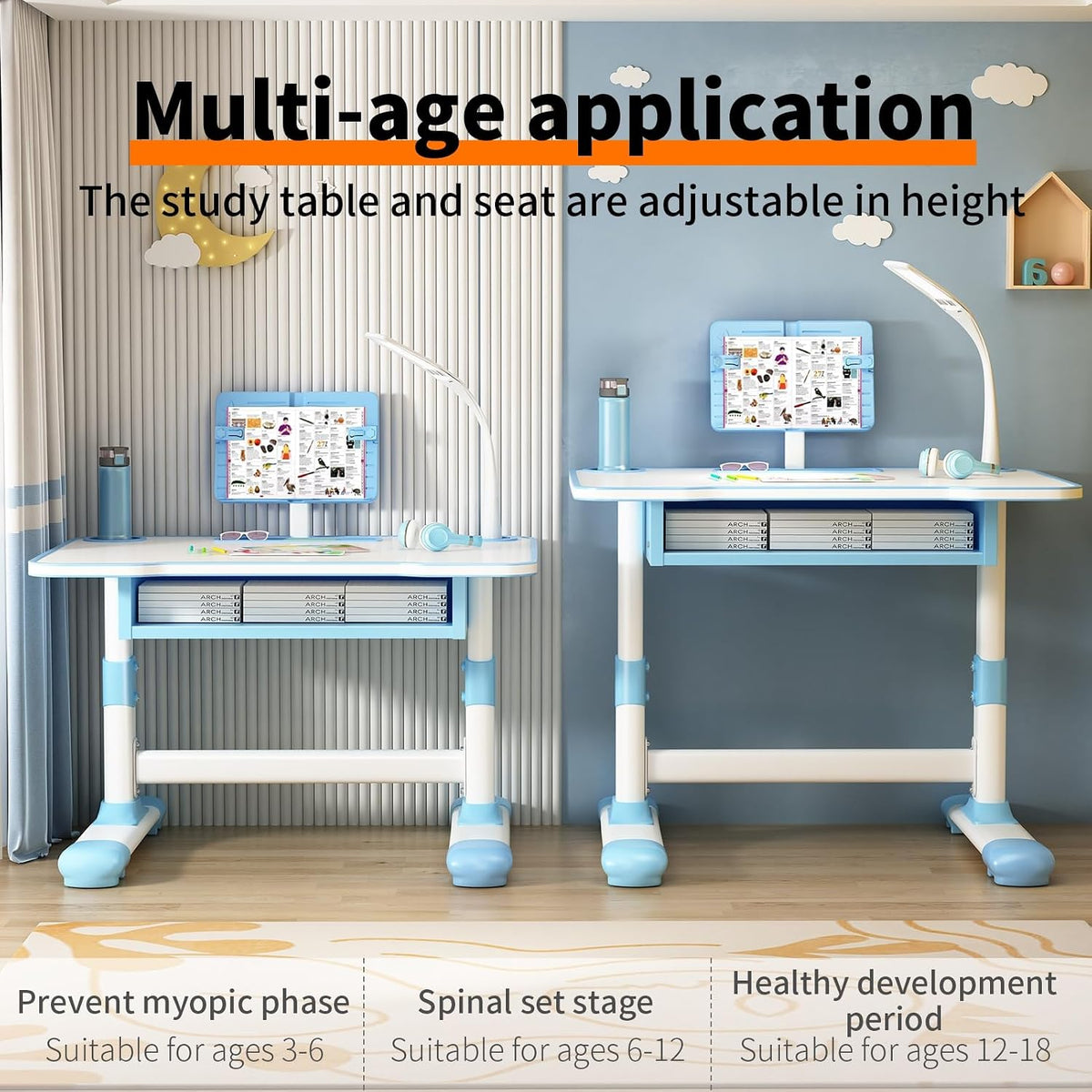 2Pcs Kids Desk and Chair Set,Height Adjustable Children's Writing Desk Set with 40-Degree Tilt-able Reading Stand LED Table Light,Bookstand,Drawer,Ergonomic Table Chair Set Blue