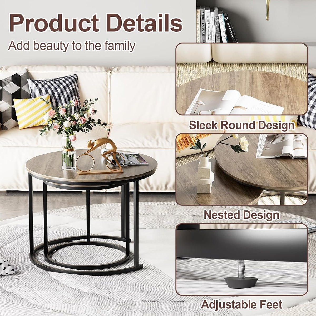 Garden 4 you Nesting Coffee Table, 23.6" Round Coffee Table Set of 2, Wooden Nesting Table Set with Metal Frame, Side Tables for Living Room Bedroom Balcony, Brown