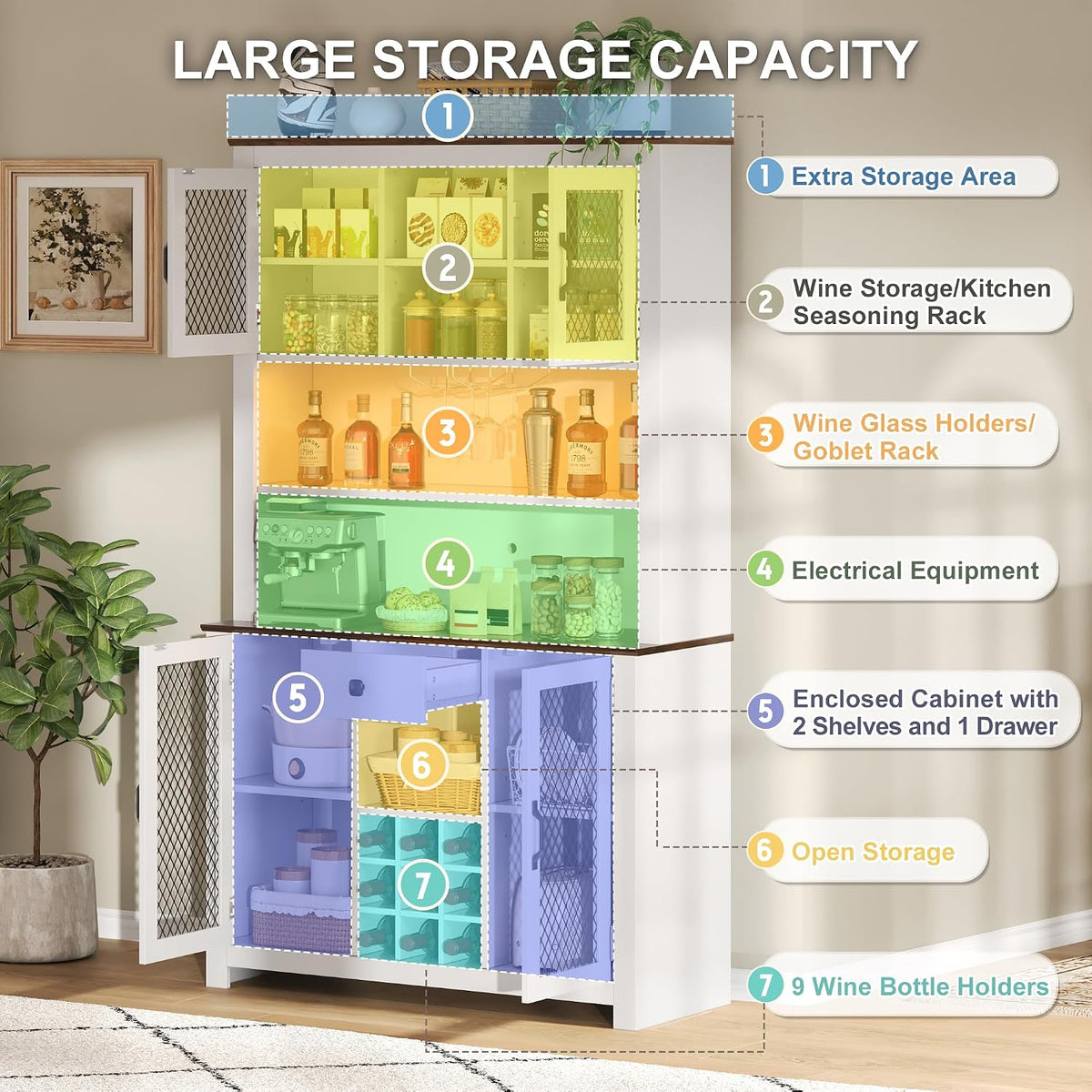 JIJIWANG 70.9" Kitchen Pantry Storage Rustic Buffet Cabinet,Kitchen Hutch Cabinet with LED Outlets Food Pantry Cabinets with Doors and Shelves Wine Rack for Dining Room,for Dining Room,White