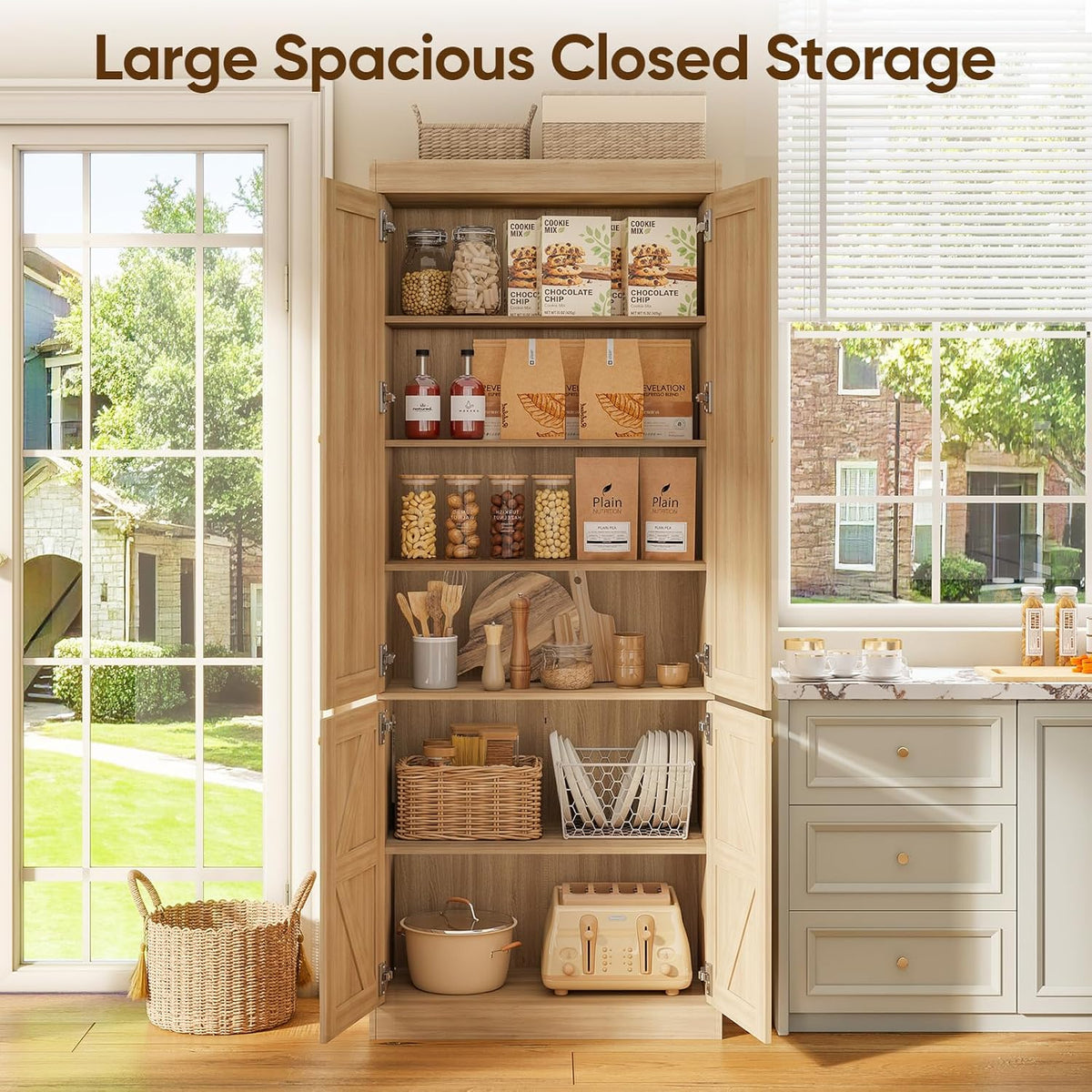 70.8" Tall Kitchen Pantry Cabinet with Doors, Farmhouse Modular Storage Cabinet with 4-Tier Adjustable Shelves, Large Storage Cabinet for Kitchen or Living Room, Set of 3, Brown