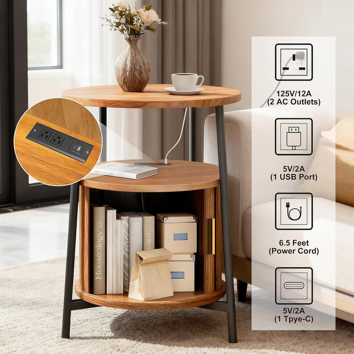 DHH Round End Tables with Charging Station, Fluted Accent Side Table with Sliding Door, Mid-Century Modern Nightstand for Small Space Storage, Living Room, Bedroom,Sofa Couch(Yellow)